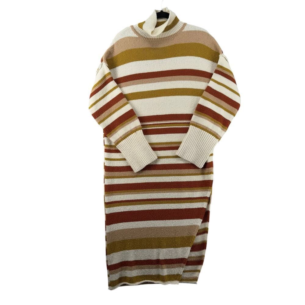 Free People‎ FP Beach Atlas Brown Striped Sweater Dress Small Mock Neck Pullover